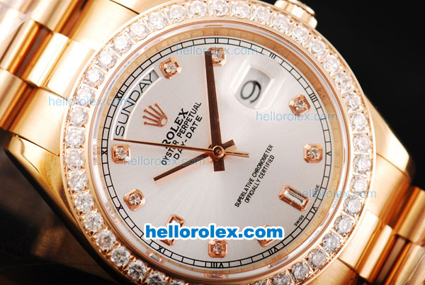 Rolex Day Date II Automatic Movement Full Rose Gold with Diamond Bezel-Diamond Markers and Silver Dial - Click Image to Close